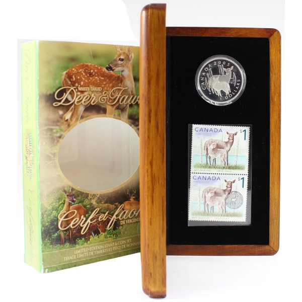 2005 $5 White-Tailed Deer & Fawn Coin and Stamp Set (Tax Exempt)