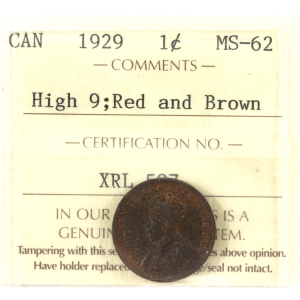 1-cent 1929 High 9 ICCS MS62 RD & BN