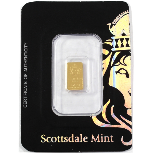 1g Scottsdale Mint .9999 Fine Gold Bar in Assay Card (Tax Exempt)