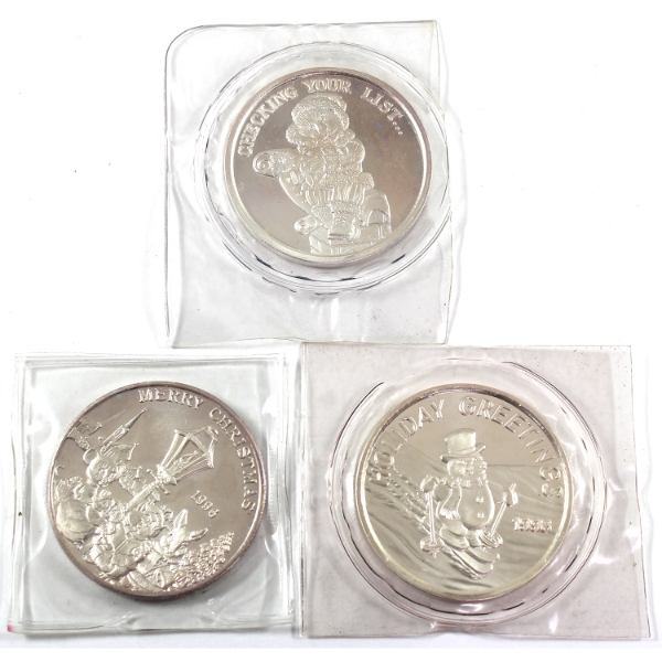 3x 1oz Vintage Holiday Themed .999 Fine Silver Rounds. 3pcs. (Tax Exempt)