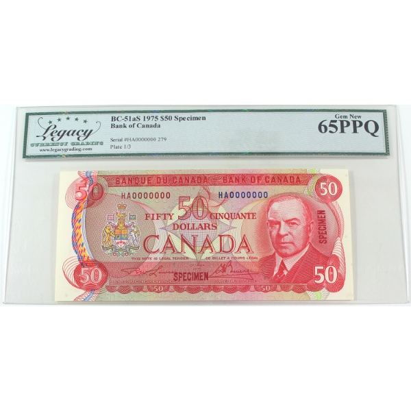 BC-51aS 1975 $50 Specimen Legacy GEM UNC65 PPQ Lawson-Bouey SN: HA0000000 279