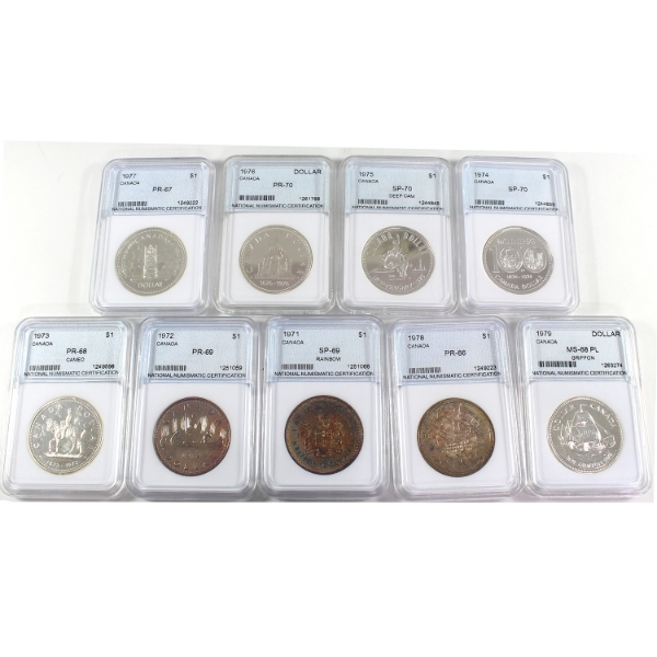 Group lot of Canada $1 1971 - 1979 NNC Certified MS/SP/Proof Condition. 9pcs