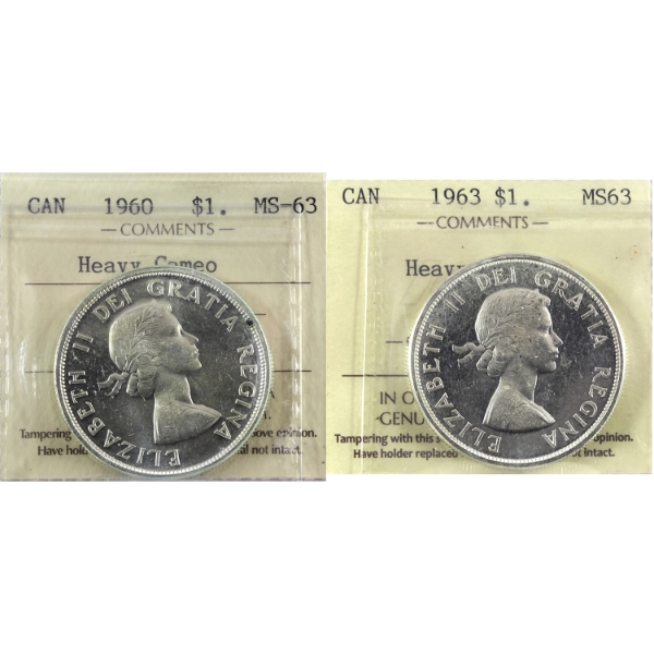 Silver $1 1960 & 1963 ICCS MS63 Heavy Cameo. 2pcs.