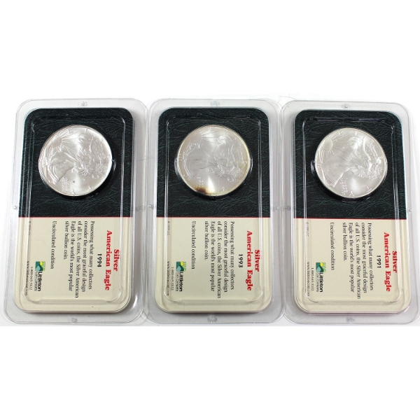 USA Silver 1991, 1993 & 1994 Silver Eagles 1oz .9993 Fine Coins. 3pcs. (Tax Exempt)