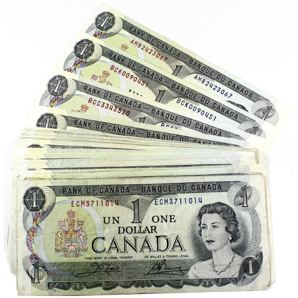 53x 1973 $1 Bank of Canada Banknote Collection in Average Condition. 53pcs.