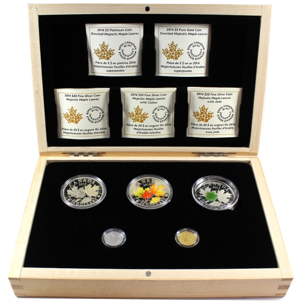 2014 Majestic Maple Leaves Pure Silver, Gold, & Platinum 5-Coin Set (Tax Exempt)