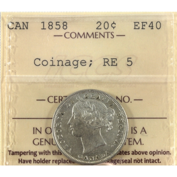 20-cent 1858 Coinage; Re-engraved 5 ICCS EF40