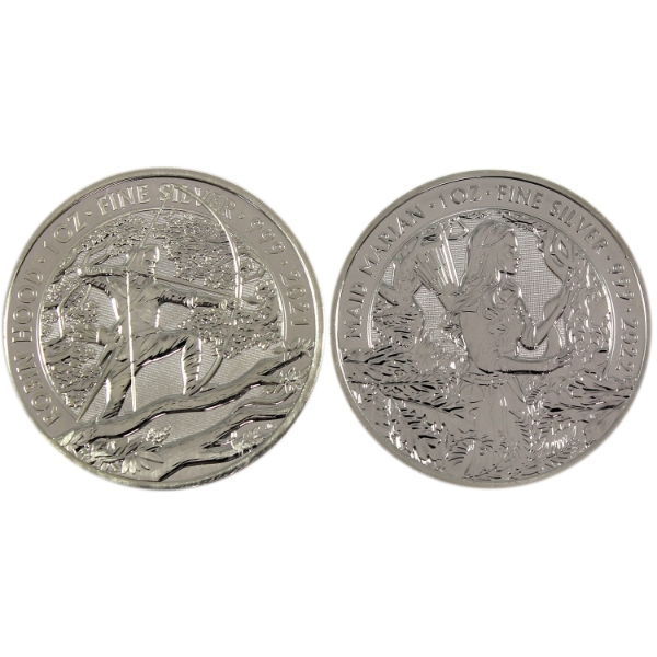 2x 1oz Great Britain £2 2021 Robin Hood & 2022 Maid Marian .999 Fine Silver Rounds. 2pcs 