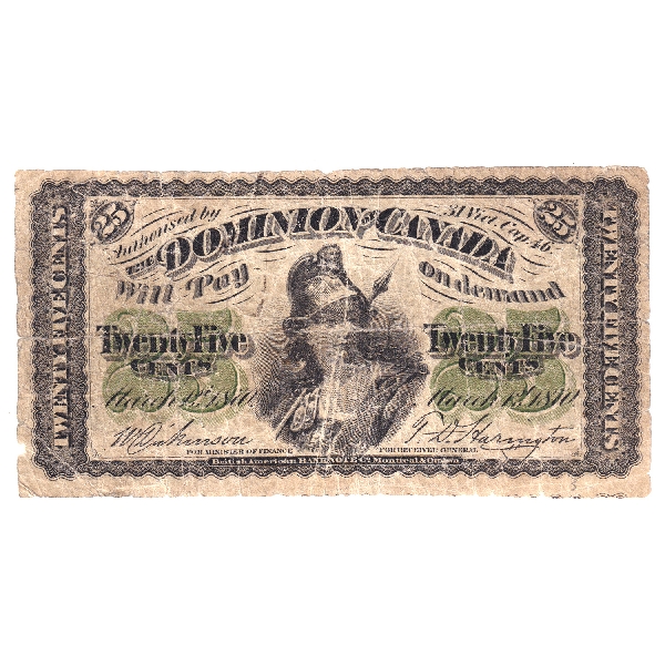 DC-1c 1870 Dominion Of Canada 25-cent Shinplaster Plain Series F-1 Dickenson-Harrington