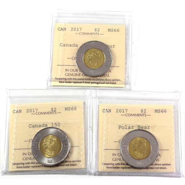 $2 2017 Varieties ICCS MS66. 3pcs. All Different