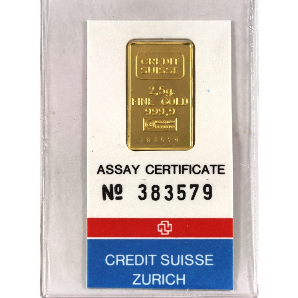 2.5g Gold Credit Suisse Vintage .9999 Gold Bar in Assay, SN: 383579 (Tax Exempt)