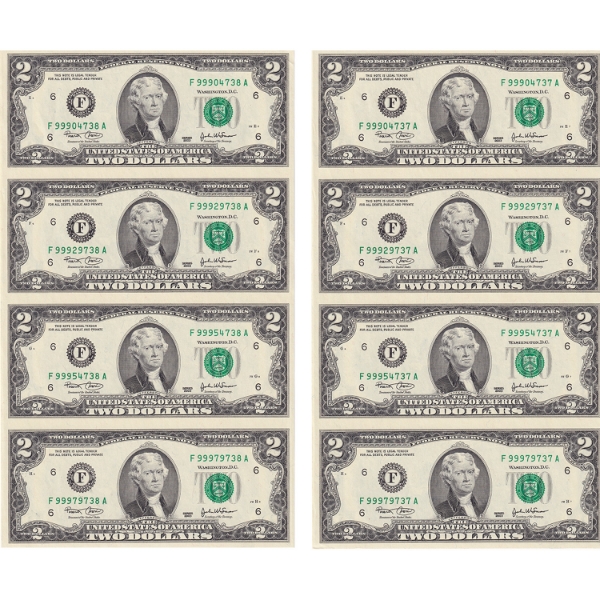 USA 2x 2003 $2 World Reserve Monetary Exchange Uncut Sheet of 4x Notes. 2pcs. 