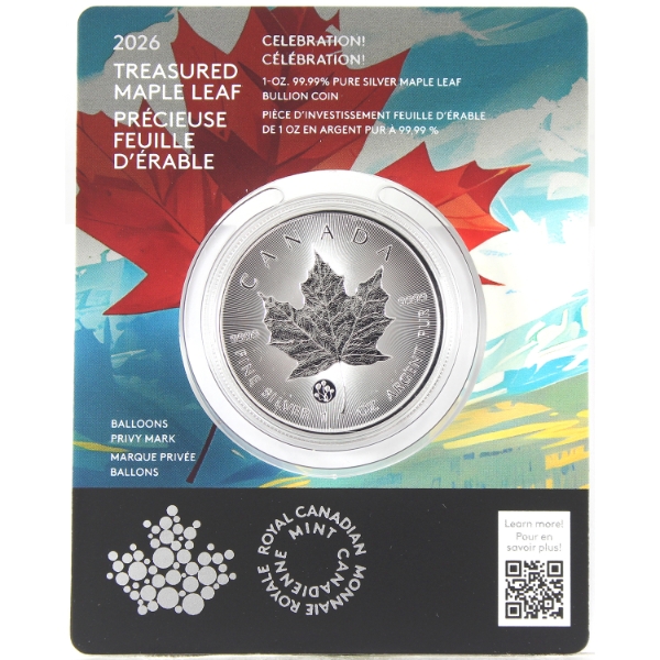 1oz 2026 $5 Treasured Silver Maple Leaf: Celebration Privy .9999 Fine Silver Coin (Tax Exempt)
