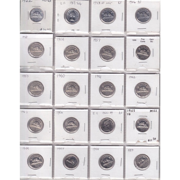 Bulk Collection 5-cent 1952-2025 in 6x 20-Pocket Sheets. 92pcs