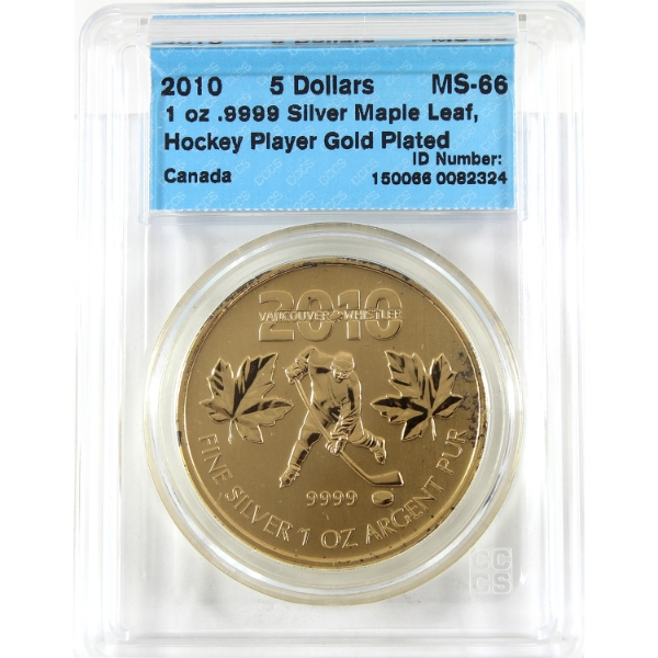 2010 $5 Olympic Hockey .9999 Fine Silver Gold Plated Coin CCCS MS66 (Tax Exempt)