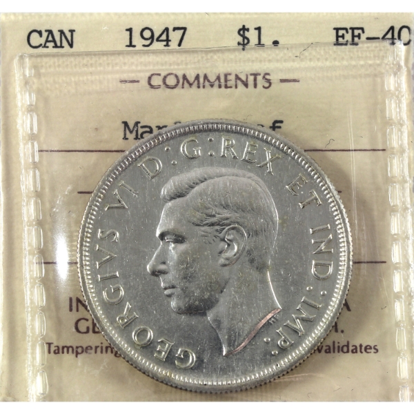 Silver $1 1947 Maple Leaf ICCS EF40