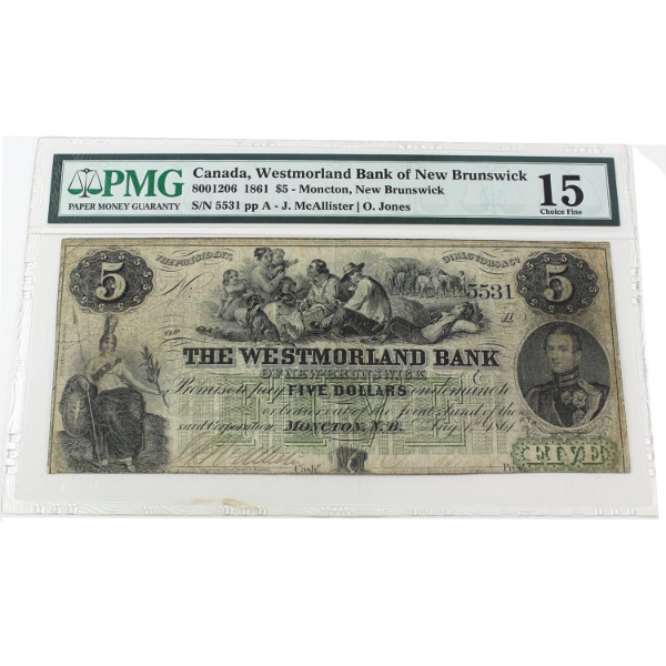 800-12-06 1861 $5 The Westmorland Bank of New Brunswick PMG Choice F15 McAllister-Jones 