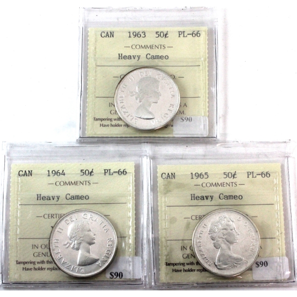 50-cent 1963, 1964 & 1965 ICCS PL66 Heavy Cameo. 3pcs.