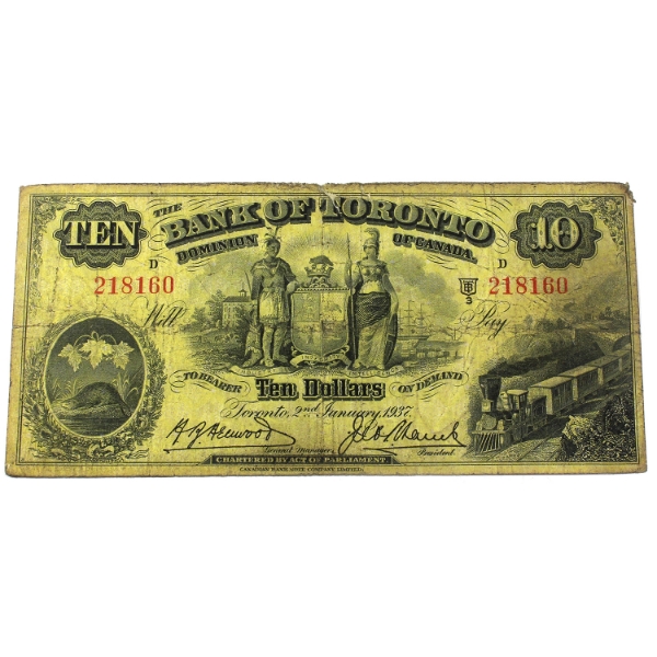 715-24-10 1937 $10 Bank of Toronto VG Henwood-Lamb SN: 218160 ppD