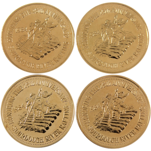 4x 1984 25th Ann. of Sourdough River Rafting Gold Plated Klondike Dollars w/ Privy Marks. 4pcs.