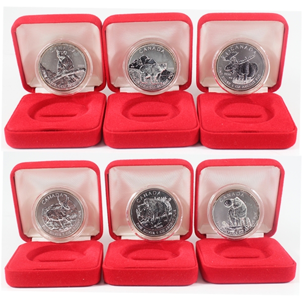 Group Lot of 6x 2011-2013 $5 Wildlife Series 1oz .9999 Fine Silver Coins in Cases. 6pcs