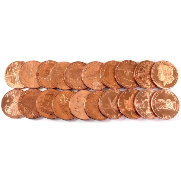 20x Mixed Lot .999 Fine Copper Rounds in Plastic Tube. 20pcs.