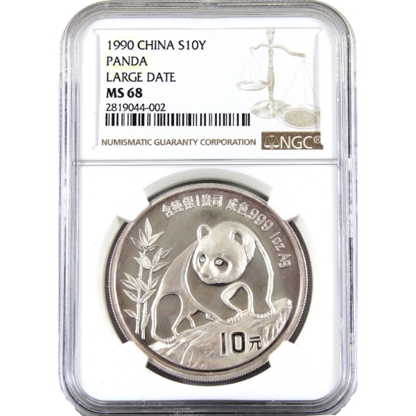 China Silver 1990 10 Yuan Panda Large Date NGC MS68 1oz .999 Fine Silver Coin (Tax Exempt)