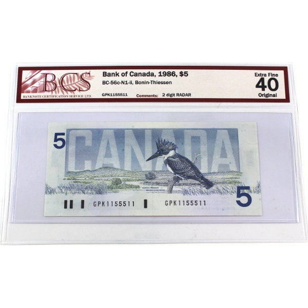RADAR BC-56c-N1-ii 1986 $5 2-digit RADAR BCS EF40 Original Bonin-Thiessen SN:GPK1155511