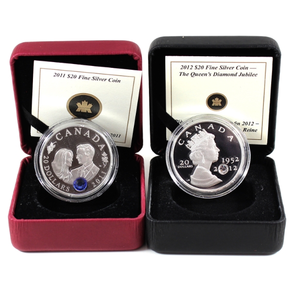 Group Lot of 2011 & 2012 $20 1oz .9999 Fine Silver Coins w/ Swarovski Embellishments. 2pcs.