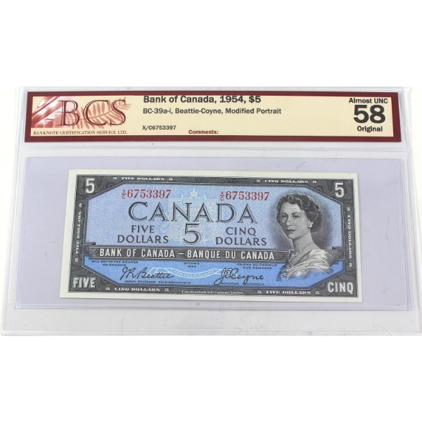 BC-39a-i 1954 $5 Modified Portrait BCS AU58 Original Beattie-Coyne SN: X/C6753397