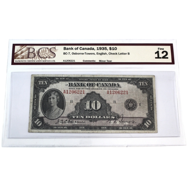 BC-7 1935 $10 English BCS F12 Osborne-Towers Check Letter B SN: A1206221