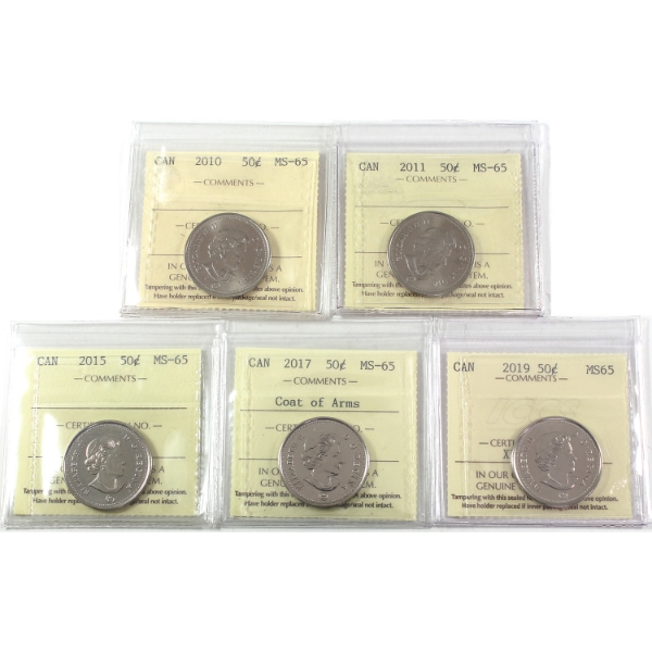 50-cent 2010, 2011, 2015, 2017 Coat of Arms, & 2019 ICCS MS65. 5pcs.