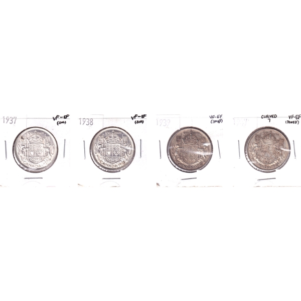 50-cent 1937, 1938, 1939 & 1947 Curved 7 in 4-Pocket Sheet VF-EF. 4pcs
