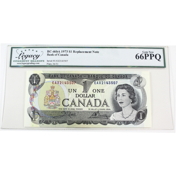 BC-46bA 1973 $1 EAX Replacement Note Legacy GEM UNC66 PPQ Crow-Bouey SN: EAX2143507
