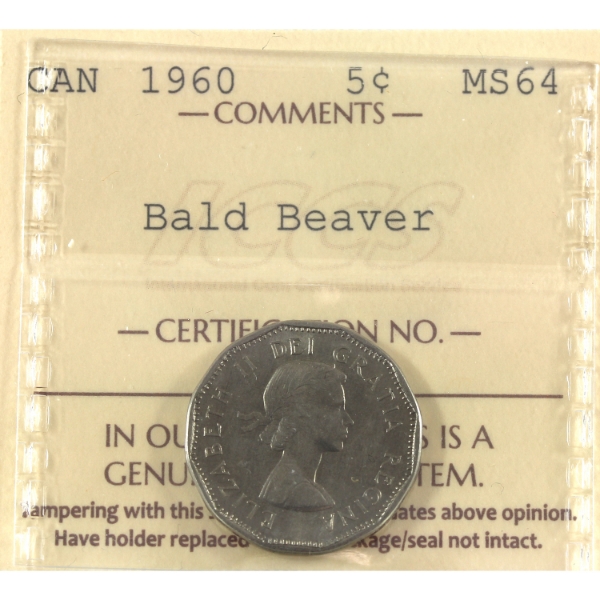 5-cent 1960 Bald Beaver ICCS MS64