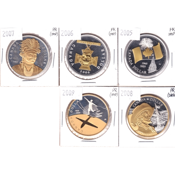 Group Lot of 2005-2009 Gold Plated Proof Silver Dollars. 5pcs.
