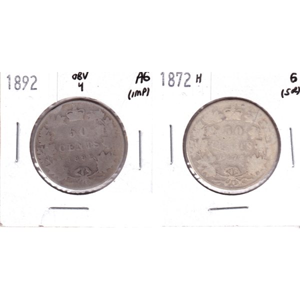 50-cent 1872H G (scratched) & 1892 Obverse 4 AG (impaired). 2pcs