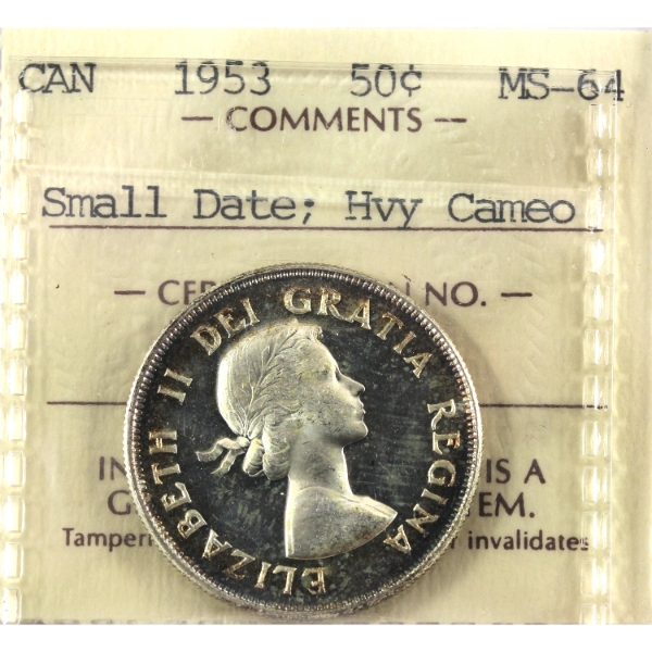 50-cent 1953 Small Date ICCS MS64 HC