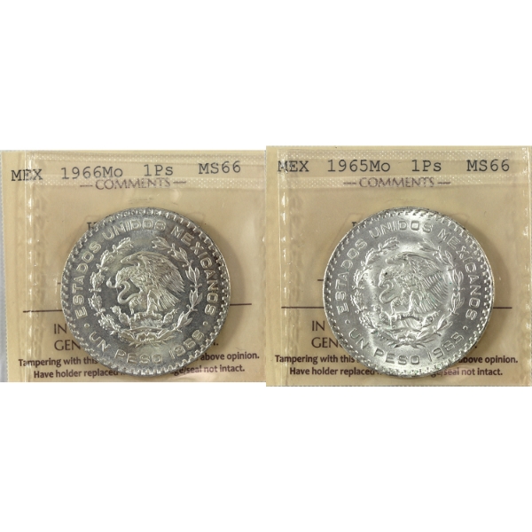 Mexico Silver 1965Mo & 1966Mo ICCS MS66. 2pcs.