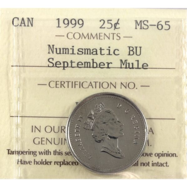 25-cent 1999 September Mule ICCS MS65 NBU