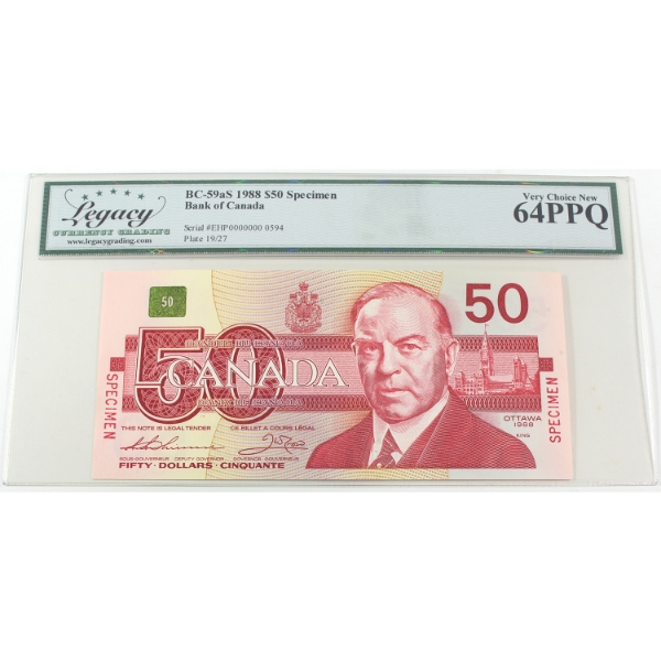 BC-59aS 1988 $50 SPECIMEN Legacy CUNC64 PPQ Thiessen-Crow SN:EHP0000000 0594