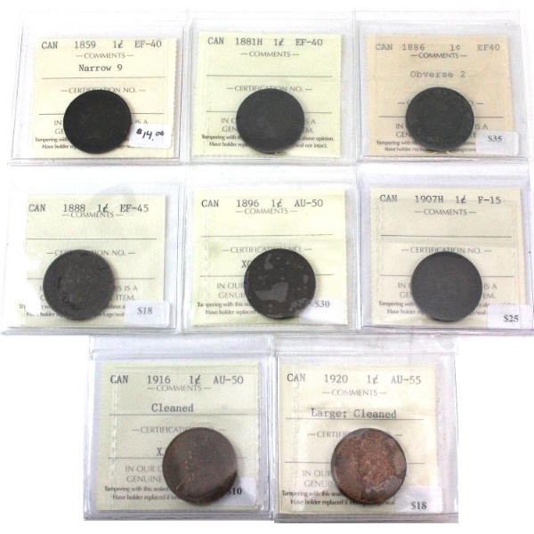 1-cent 1859 -1920 ICCS Certified F15 to AU55. 8pcs. 