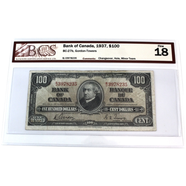 BC-27b 1937 $100 Changeover BCS F18, Gordon-Towers SN: B/J3978235