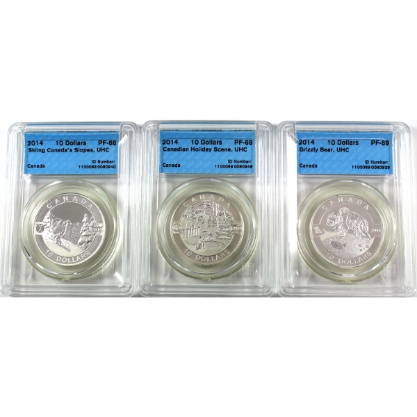 Group Lot of 2014 $10 Winter & Nature Themed 1/2oz .9999 Fine Silver Coins CCCS PF68 to PF69. 3pcs.