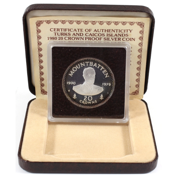 Turks and Caicos Islands Silver 1980 20 Crowns Proof Silver Coin