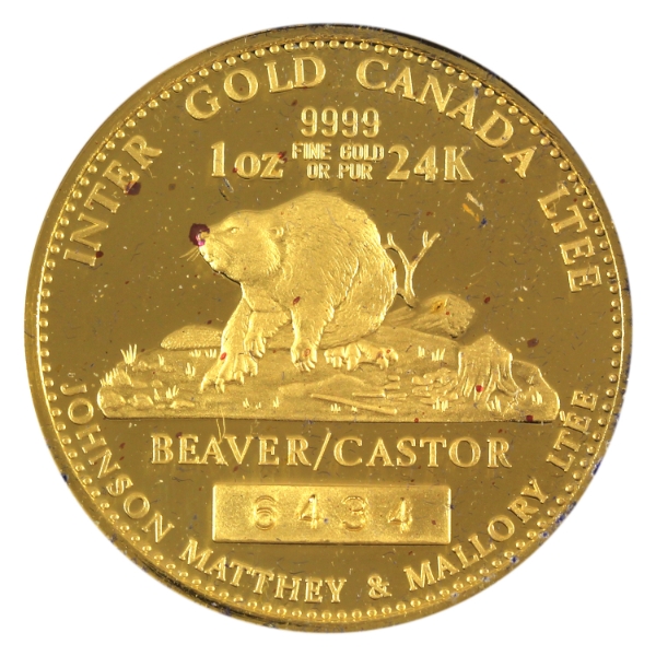1oz Gold Johnson Matthey & Mallory Ltee 1978 Inter Gold Canada Ltee Beaver/Castor Vintage Gold Round