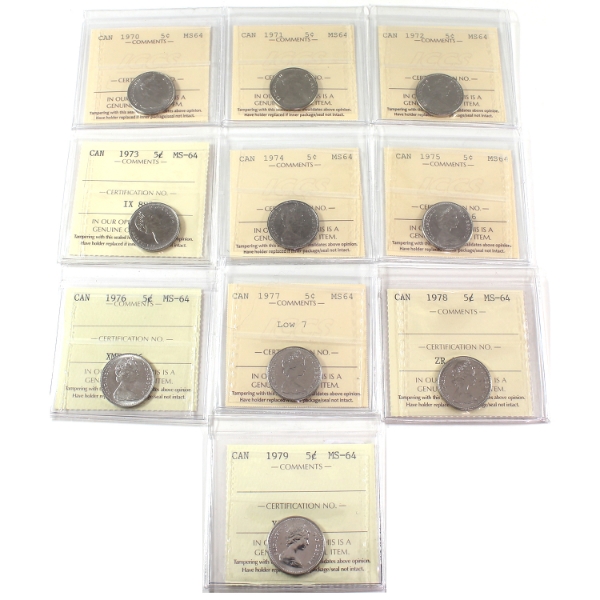 5-cent 1970-1979 ICCS MS64. 10pcs.