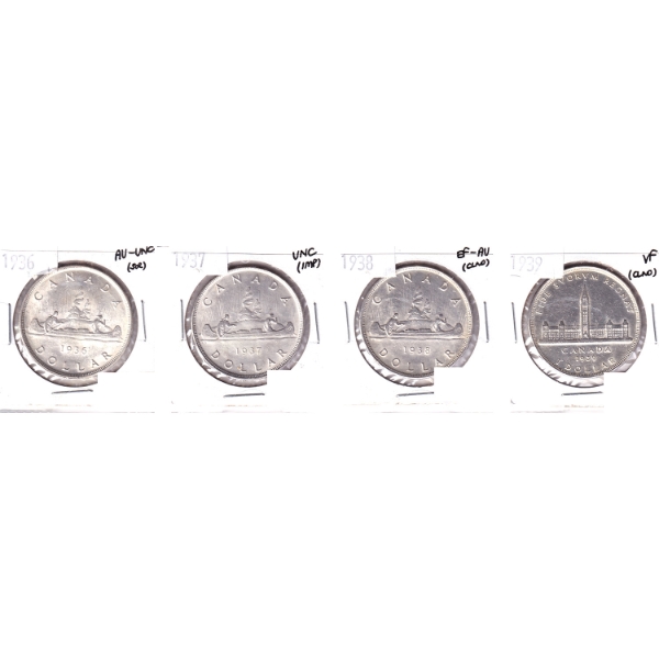 Silver $1 1936 AU-UNC (scr), 1937 UNC (imp), 1938 EF-AU (clnd) & 1939 VF (clnd) in 4-Pocket Sheet