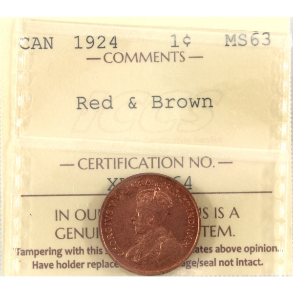 1-cent 1924 ICCS MS63 Red & Brown