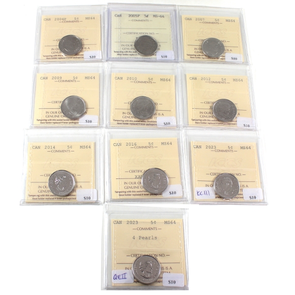 Bulk Lot of 5-cent 2004P-2023 ICCS MS64. 10pcs.